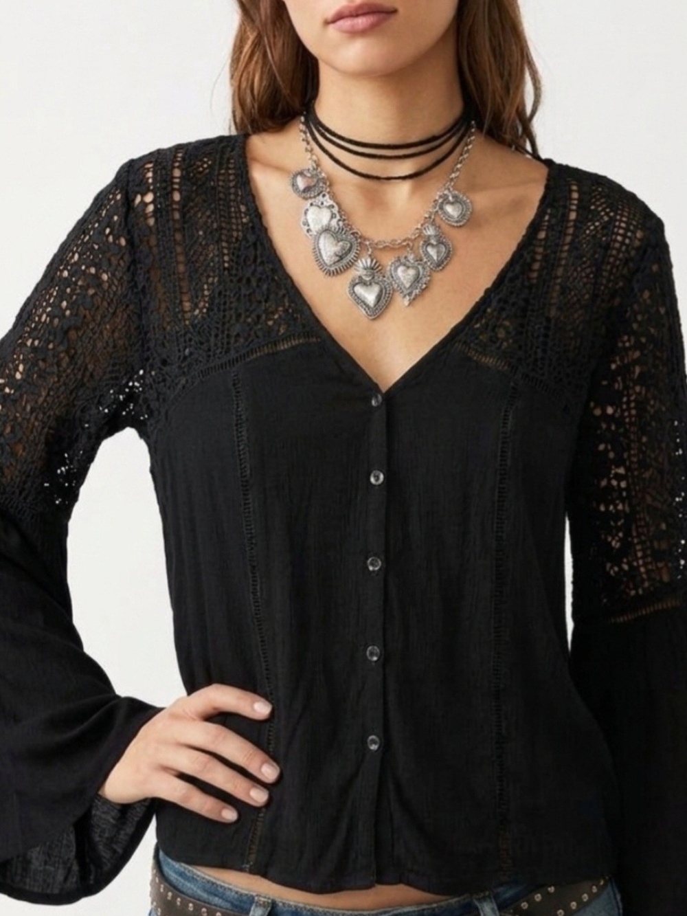 Black Crochet-Trim Button-Front Women's Top